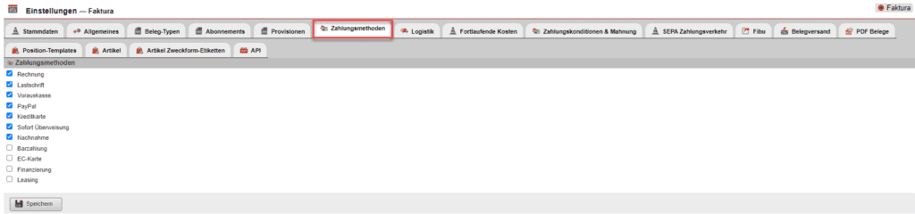 Screenshot des Reiters „Zahlungsmethoden“