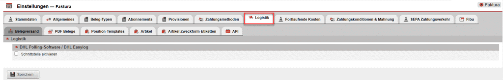 Einstellungsmaske des Reiters „Logistik“