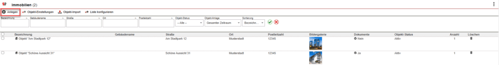 Übersichtsmaske der Objekte mit markierter Schaltfläche „Anlegen“