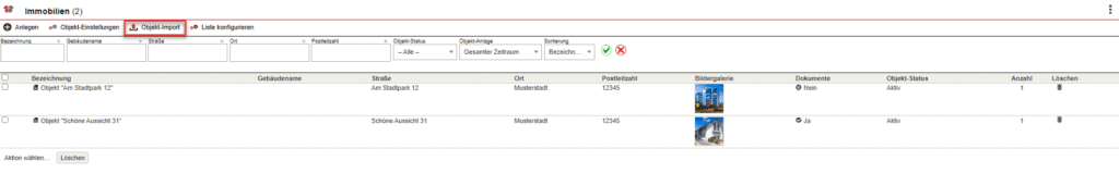 Übersichtsmaske der Objekte mit markierter Schaltfläche „Objekt-Import“