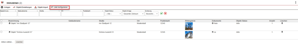 Übersichtsmaske der Objekte mit markierter Schaltfläche „Liste konfigurieren“