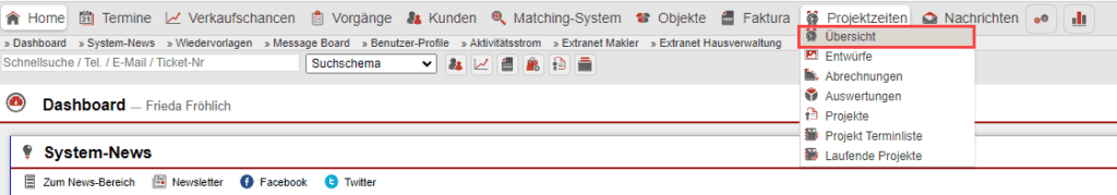 Screenshot Hauptmenüpunkt „Projektzeiten“ mit ausgeklapptem Untermenü.