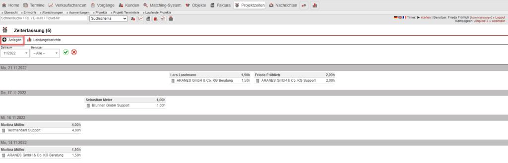 Screenshot Übersicht der Zeiterfassungen mit markierter Schaltfläche „Anlegen“