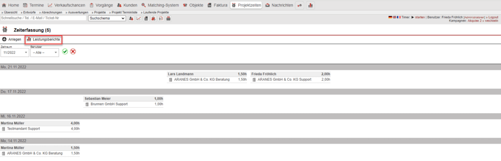 Screenshot Übersicht der Zeiterfassungen mit markierter Schaltfläche „Leistungsberichte“