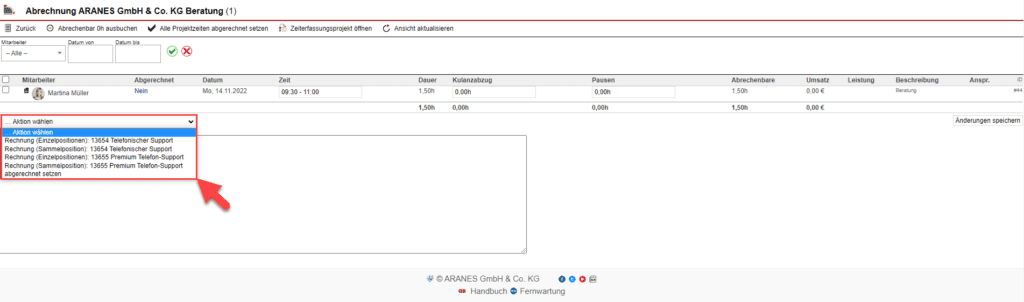 Screenshot Bearbeitungsmaske einer Abrechnung mit ausgeklappten Drop-Down-Menü