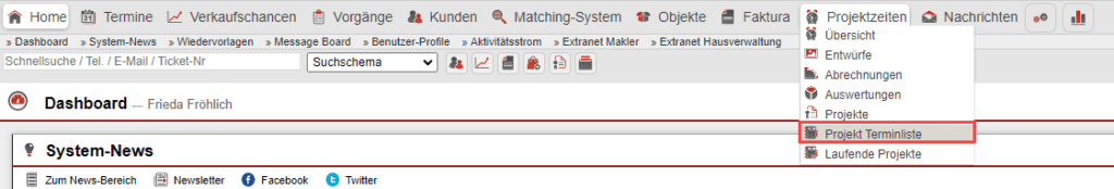 Screenshot Hauptmenüpunkt „Projektzeiten“ mit ausgeklapptem Untermenü