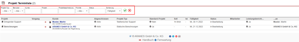 Screenshot Untermenüleiste der Terminliste der Projekte