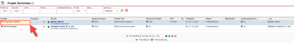 Screenshot Übersicht der Terminliste der Projekte mit verschiedenen Markierungen