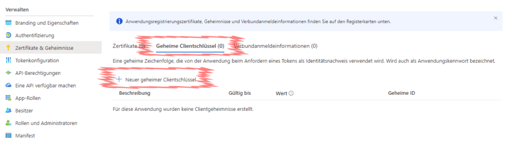 Ansicht Geheime Clientschlüssel