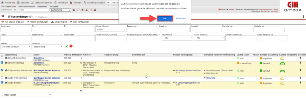Screenshot des Pop-Up-Fensters zur Bestätigung, dass die Aktion auf die selektierten Daten ausgeführt wird