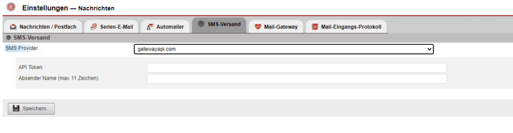 Screenshot Reiter „SMS-Versand“ mit dem SMS Provider „gatewayapi.com“