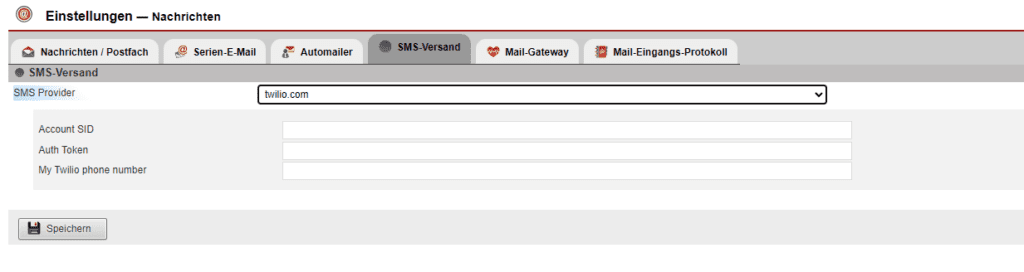 Screenshot Reiter „SMS-Versand“ mit dem SMS Provider „twilio.com“