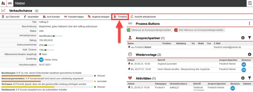 Screenshot geöffnete Verkaufschance mit markiertem Button "Timeline"