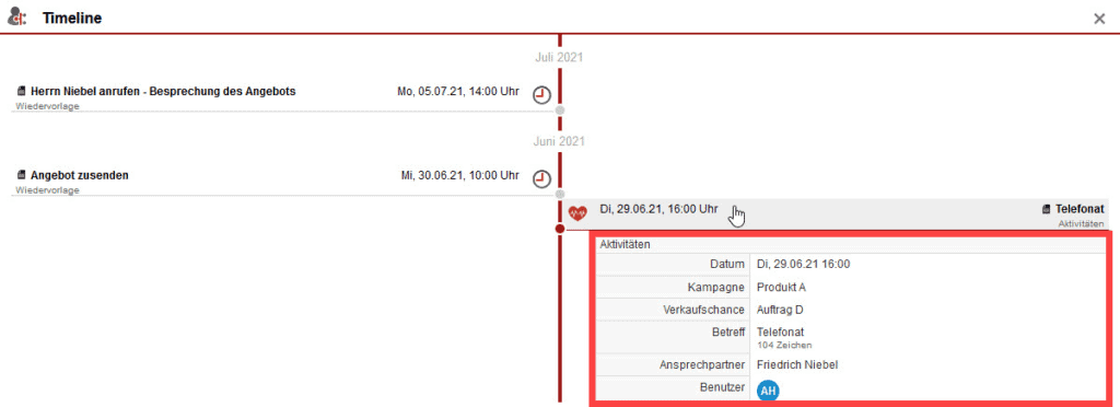 Screenshot geöffnete Timeline mit markierter Infobox