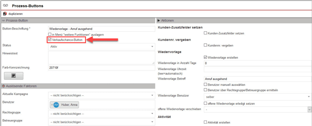 Screenshot geöffneter Einstellungsbereich für einen Prozess-Button am Beispiel einer Wiedervorlage mit markierter Option „Verkaufschance-Button“