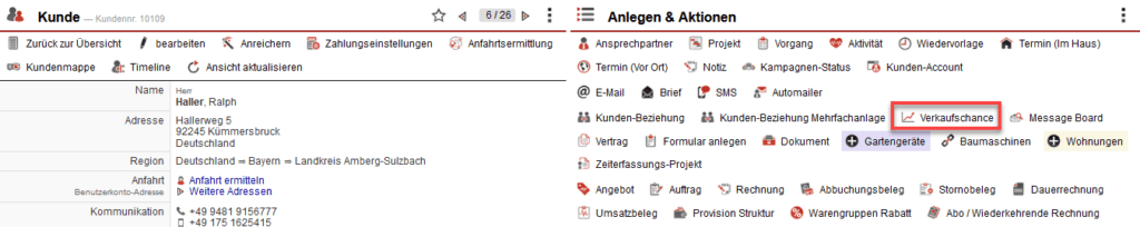 Screenshot geöffneter Kundendatensatz mit markiertem Button „Verkaufschance“