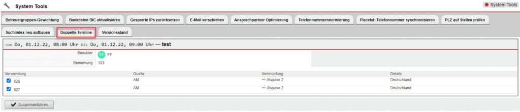 Screenshot System Tool „Doppelte Termine“