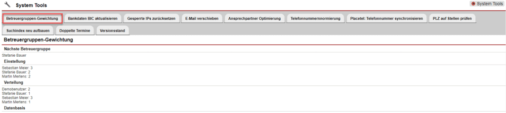 Screenshot System Tool „Betreuergruppen-Gewichtung“