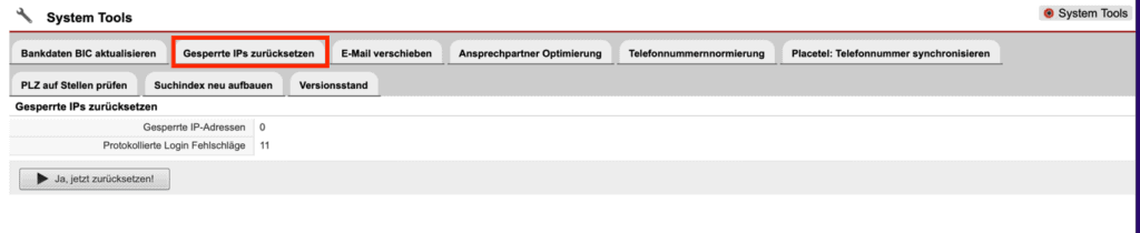 Screenshot System Tool „Gesperrte IP´s zurücksetzen“