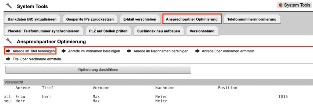Screenshot System Tool „Ansprechpartner Optimierung“ mit verschiedenen Markierungen