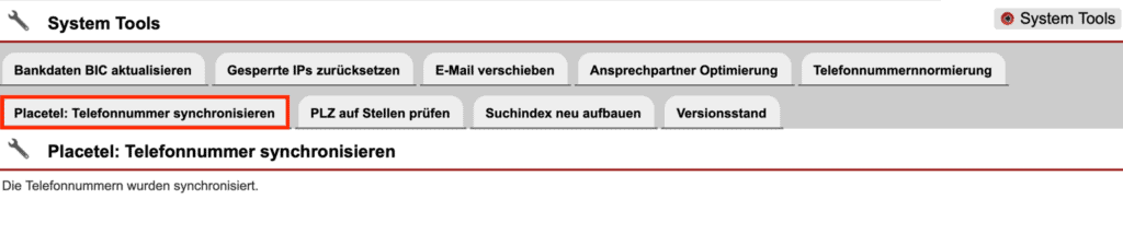 Screenshot System Tool „Placetel: Telefonnummer synchronisieren“