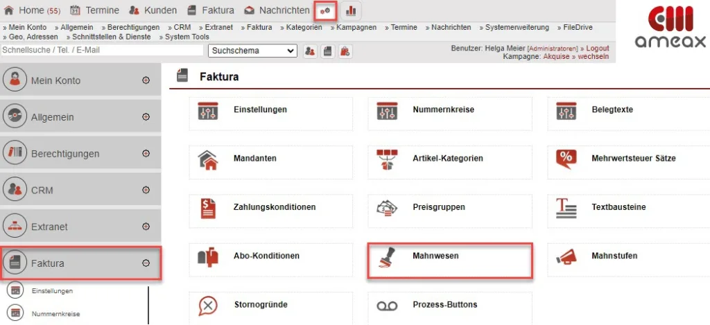 Screenshot Einstellungsbereich „Faktura“