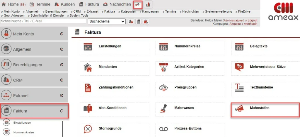 Screenshot Einstellungsbereich „Faktura“