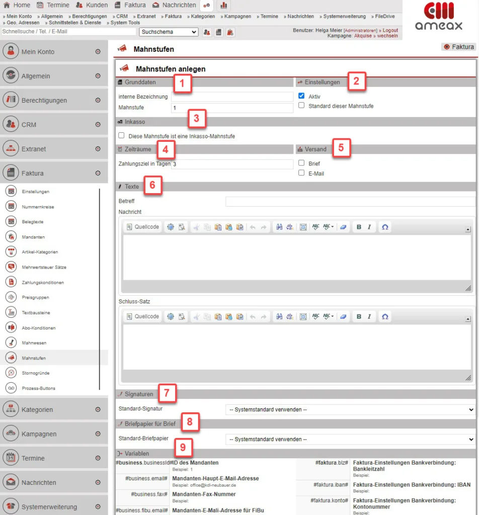 Screenshot Anlagemaske „Mahnstufen“