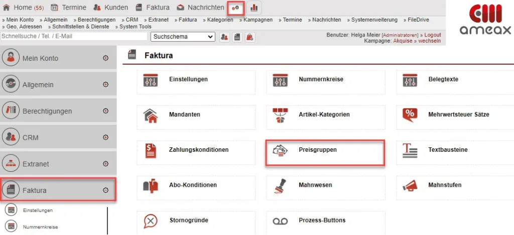 Screenshot Menü „Faktura“