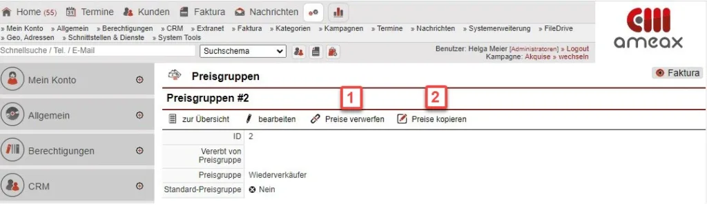 Screenshot Preisgruppe bearbeiten – Auswahl „Preise verwerfen“ und "Preise kopieren"