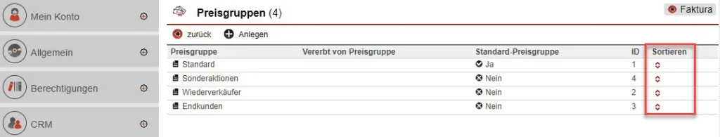 Screenshot Preisgruppen manuell sortieren