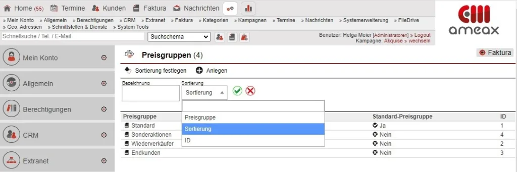 Screenshot Preisgruppen über Drop-Down-Menü sortieren