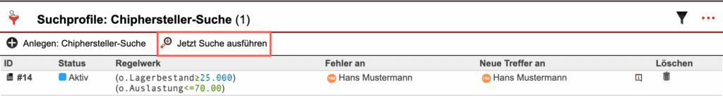 Screenshot des Bereichs „Suchprofile“ in einer Verkaufschance mit markiertem „Jetzt Suche ausführen“-Button