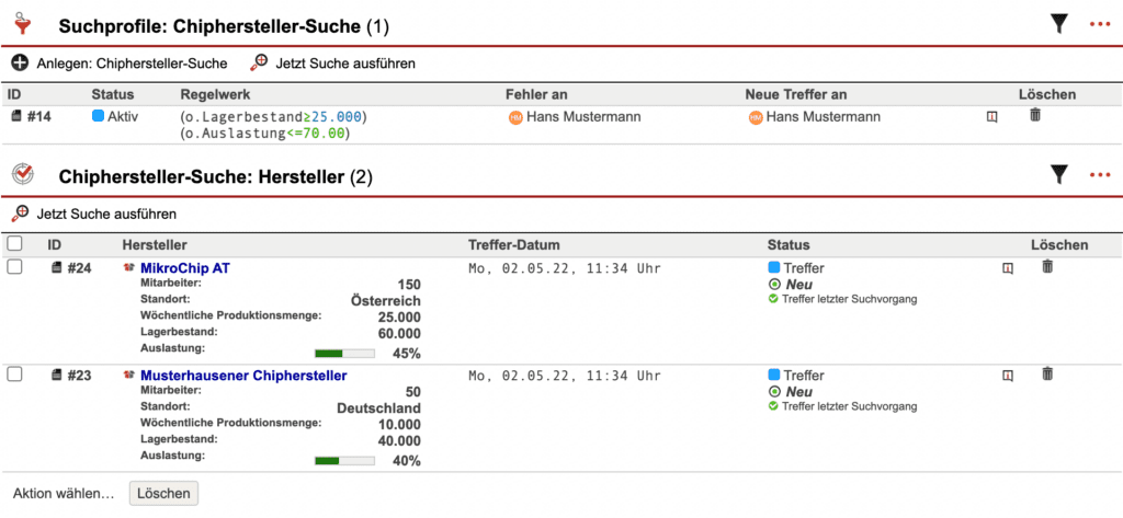 Screenshot der Treffer-Liste in der Verkaufschance