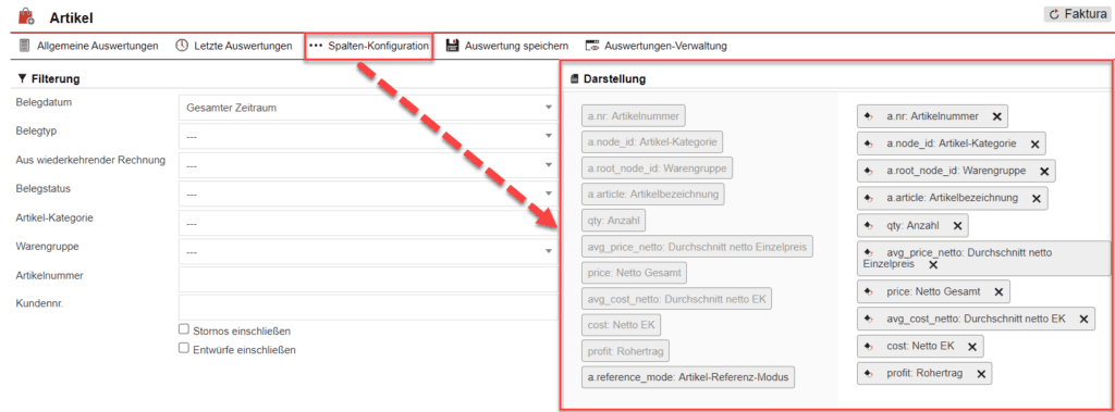 Screenshot der geöffneten Spalten-Konfiguration