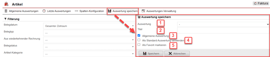 Screenshot geöffnetes Menü zum Speichern der konfigurierten Auswertung