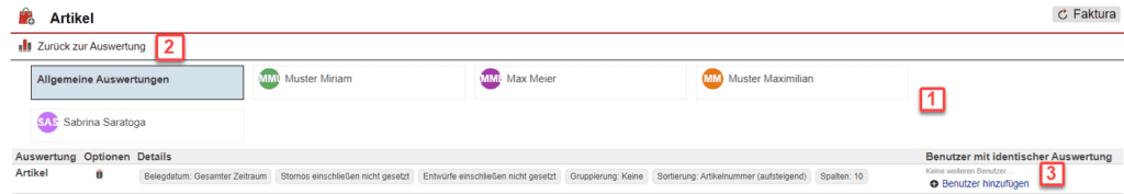 Screenshot über gespeicherte Auswertungen im Statistikbereich „Artikel“