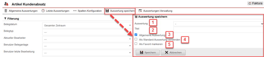 Screenshot geöffnetes Menü zum Speichern der konfigurierten Auswertung