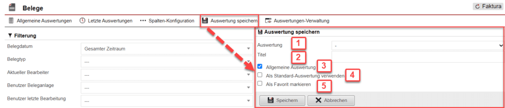 Screenshot geöffnetes Menü zum Speichern der konfigurierten Auswertung