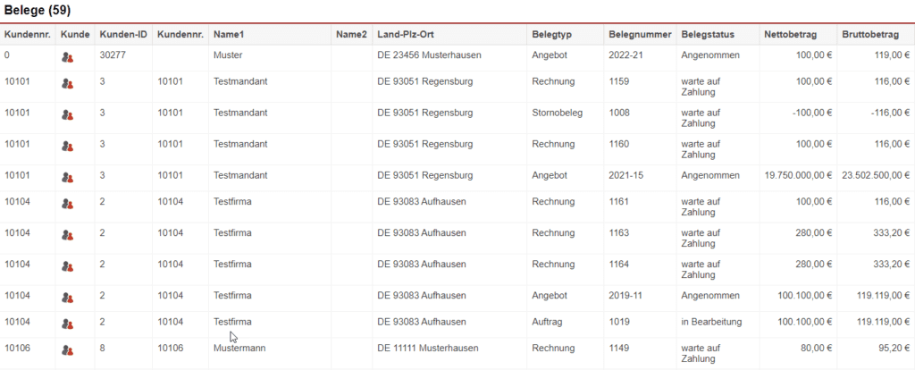 Screenshot einer Auswertung der Statistik „Belege“