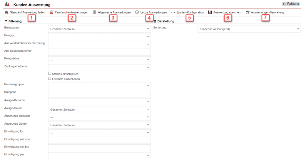 Screenshot mit der Übersicht über die Konfiguration der Statistik „Kunden-Auswertungen“