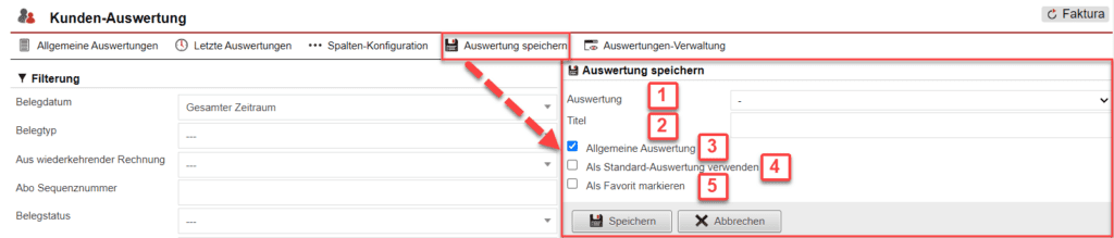 Screenshot geöffnetes Menü zum Speichern der konfigurierten Auswertung