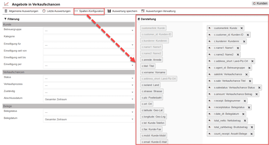 Screenshot der geöffneten Spalten-Konfiguration