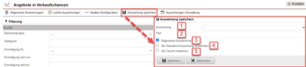 Screenshot geöffnetes Menü zum Speichern der konfigurierten Auswertung