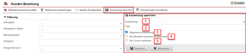 Screenshot geöffnetes Menü zum Speichern der konfigurierten Auswertung