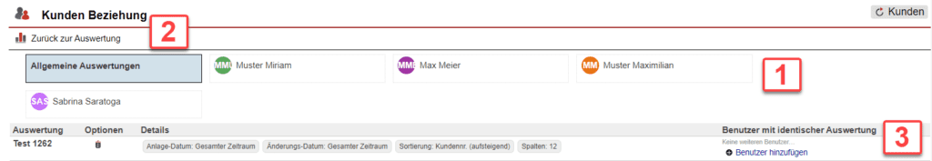 Screenshot über gespeicherte Auswertungen im Statistikbereich „Kunden Beziehungen“