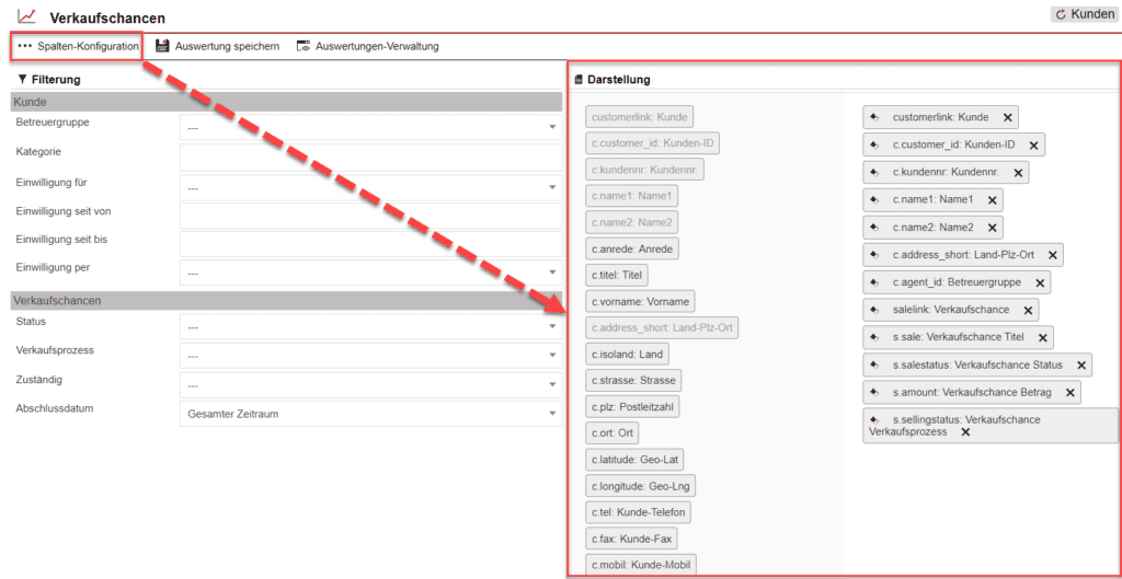 Screenshot der geöffneten Spalten-Konfiguration