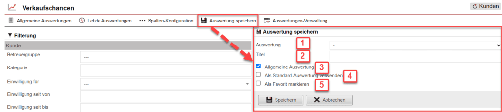 Screenshot geöffnetes Menü zum Speichern der konfigurierten Auswertung