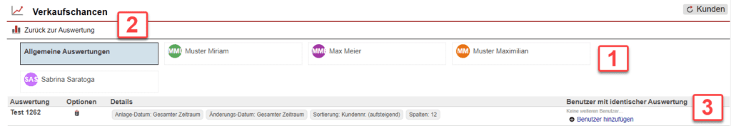 Screenshot über gespeicherte Auswertungen im Statistikbereich „Verkaufschancen“