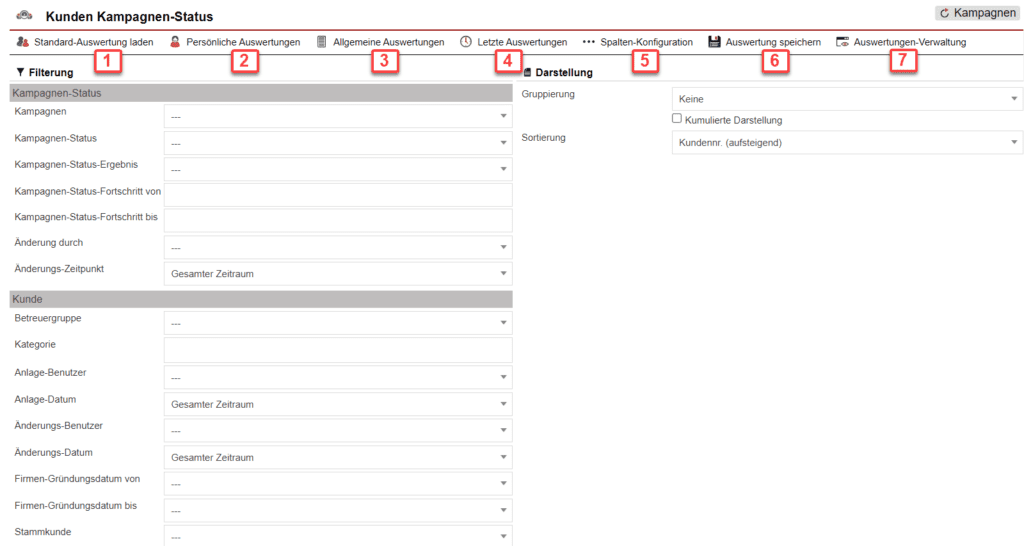 Screenshot mit der Übersicht über die Konfiguration der Statistik „Kunden Kampagnen-Status“